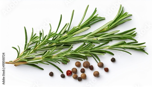 Rosemary isolated. Rosemary on white background with pepper spices. Top view rosmary twig Flat lay.