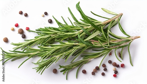 Rosemary isolated. Rosemary on white background with pepper spices. Top view rosmary twig Flat lay. photo