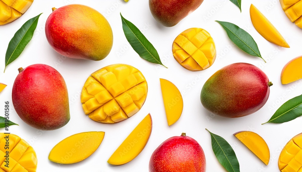 Seamless pattern with mango fruit with pieces. Tropical Mango isolated on the white background. Top view. Flat lay. Seamless pattern with mango fruit with pieces. Tropical Mango isolated on the white background. Top view. Flat lay.