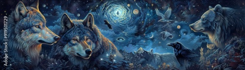 Mystical digital artwork of wolves, bears, and ravens under a surreal night sky filled with celestial bodies and magical lights.