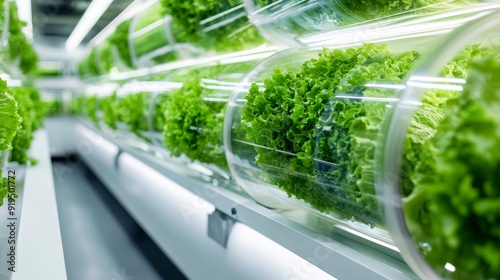 Fresh lettuce growing in a modern hydroponic system with LED lighting Created with Generative AI. photo