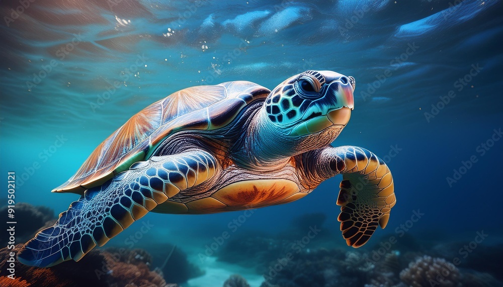 Fototapeta premium serene sea creature portrait majestic turtle swimming underwater blue hues soft lighting