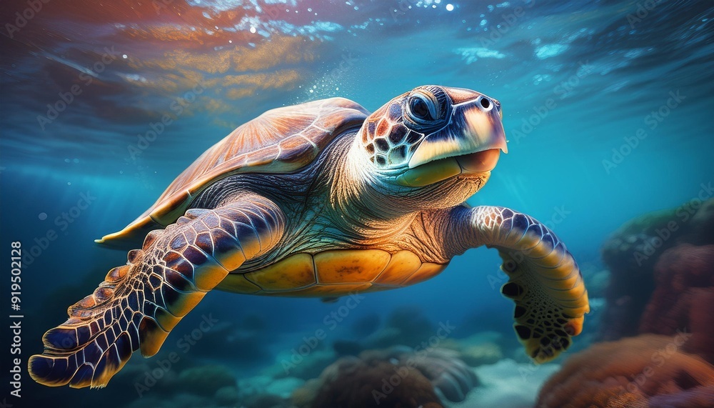 Fototapeta premium serene sea creature portrait majestic turtle swimming underwater blue hues soft lighting