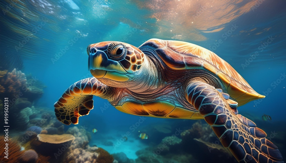 Fototapeta premium serene sea creature portrait majestic turtle swimming underwater blue hues soft lighting