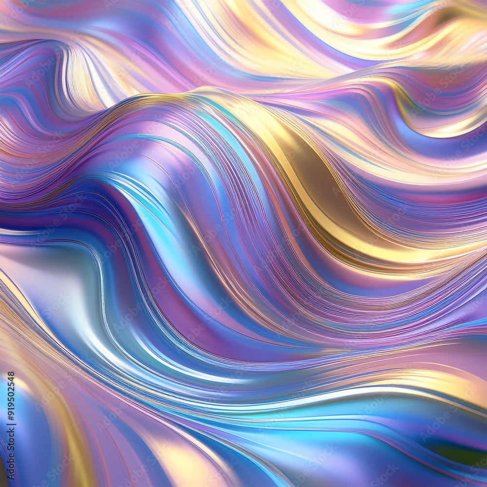Obraz premium shimmering holographic background with undulating waves of pastel violet blue and yellow creating an iridescent abstract pattern