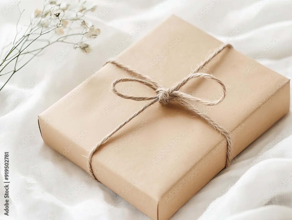Simple gift box with brown paper and twine, laid on a soft white fabric background with delicate flowers. Perfect for celebrations.