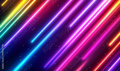 Created with generative AI tools, neon futuristic flashes on black background with motion light lines. Ideal for banners, postcards, illustrations.