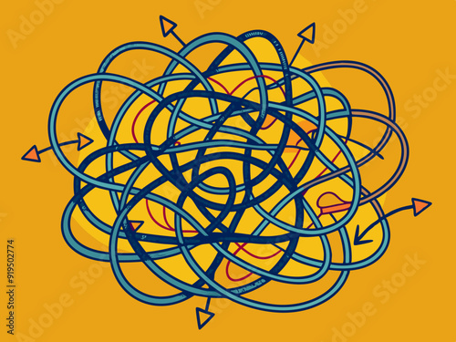 Messy scribble arrow lines. Chaotic doodle line ravel tangle, hand drawn confused messy knot. Difficult route, curved scrawl path chaos concept. Vector set
