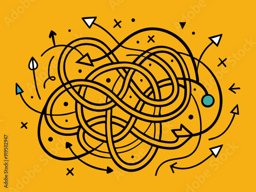 Messy scribble arrow lines. Chaotic doodle line ravel tangle, hand drawn confused messy knot. Difficult route, curved scrawl path chaos concept. Vector set
