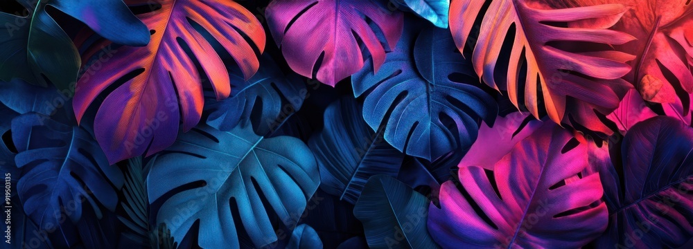 A Collage of Tropical Leaves in Vibrant Neon Hues A Collage of Tropical Leaves in Vibrant Neon Hues