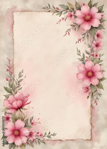 Shabby Chic Watercolor Notepaper with Pressed Flower Borders and Vintage Distressed Look