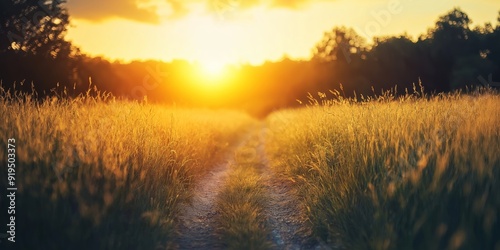 A path winds through a golden field, leading into a gorgeous sunrise painting the sky with vibrant colors. #919503373