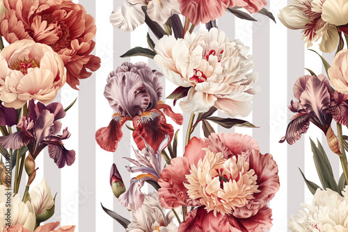 Seamless vector pattern with peony and iris flowers isolated on a changeable white background.