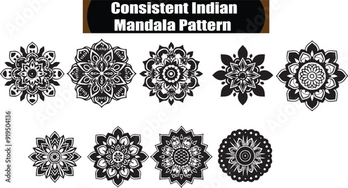 Consistent indian Mandala Pattern Flat Black Silhouette Vector Art Bundle