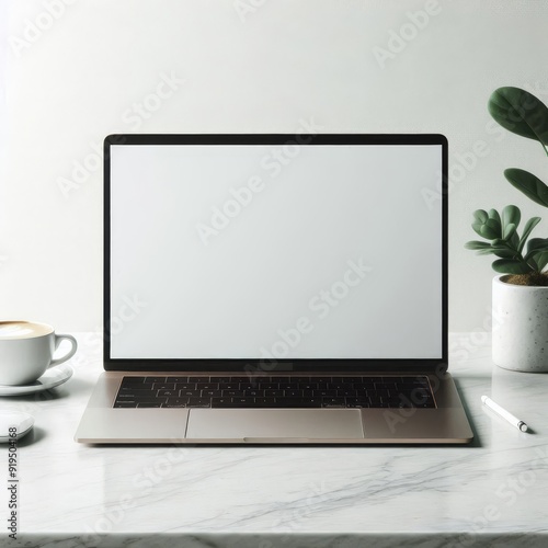 a laptop with a plant in the corner next to a plant.