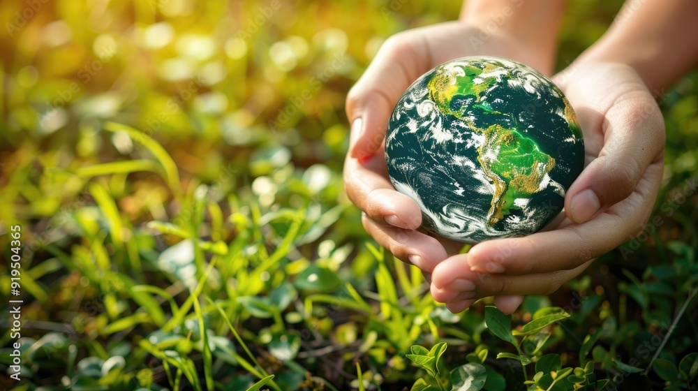 A hand gently cradles a small globe, representing the earth, with a soft green background.