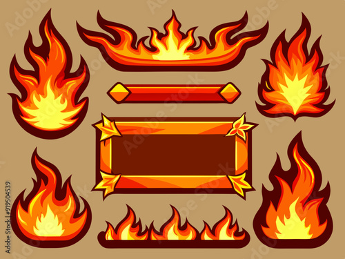 Cartoon fire borders. Flame frame, blazing dividers, hot flaming banners. Wildfire campfire and ignite elements, fire trail and flammable border isolated vector set