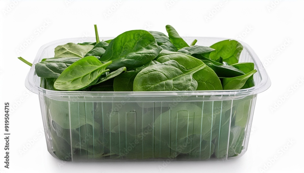 Spinach leaves in a plastic container isolated on white background. Green Spinach leaf box Side view. Close-up