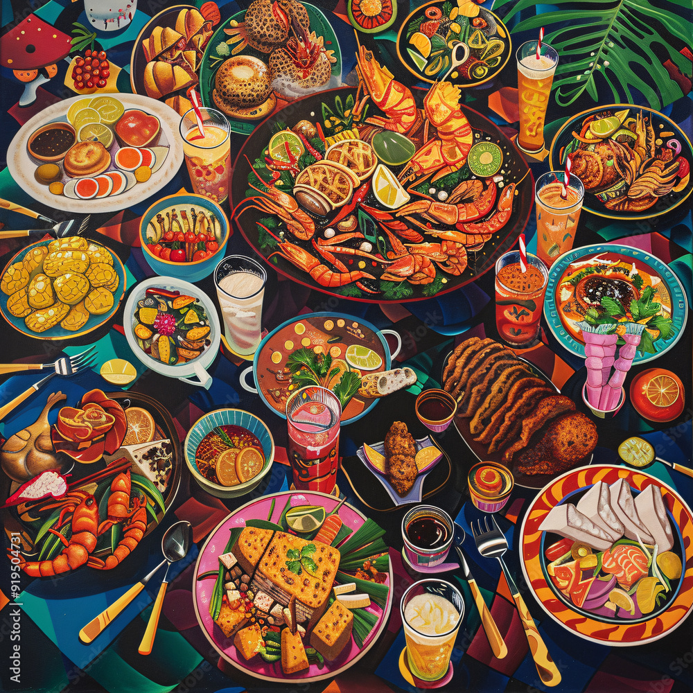 Fototapeta premium Artwork depicting gastronomic celebrations with diverse cuisines and flavors