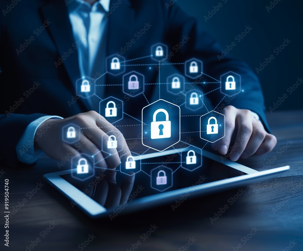 Businessman using tablet and set up network connection with shield guard to protected from cyber attacks. Network security system concept. Businessman using tablet and set up network connection with shield guard to protected from cyber attacks. Network security system concept.