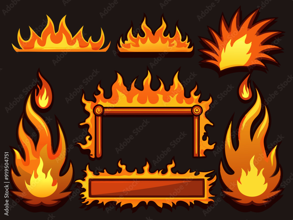 Cartoon fire borders. Flame frame, blazing dividers, hot flaming banners. Wildfire campfire and ignite elements, fire trail and flammable border isolated vector set Cartoon fire borders. Flame frame, blazing dividers, hot flaming banners. Wildfire campfire and ignite elements, fire trail and flammable border isolated vector set