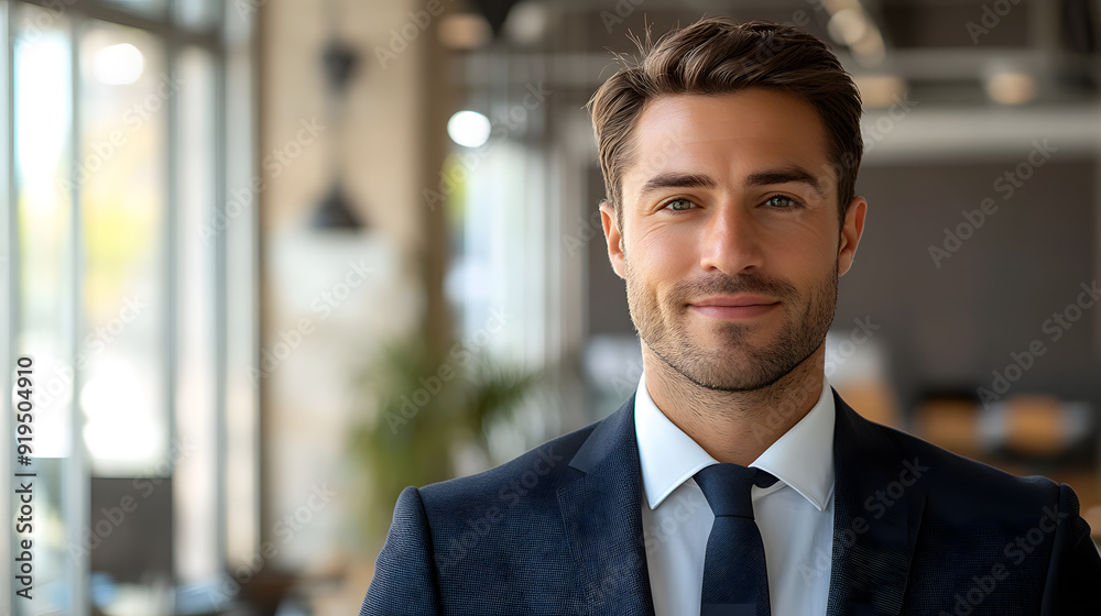 Man in his 30s wearing a business suit posing in the bright office with windows Man in his 30s wearing a business suit posing in the bright office with windows