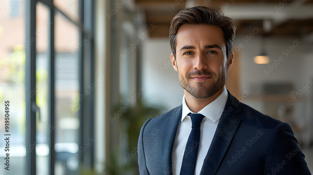Caucasian man in his 30s wearing a business suit posing in the bright office with windows Caucasian man in his 30s wearing a business suit posing in the bright office with windows