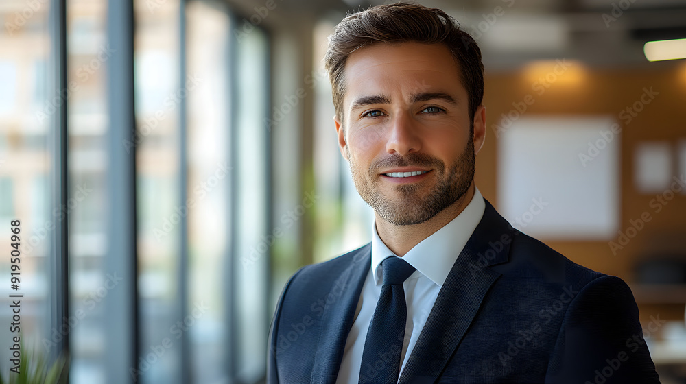 Caucasian man in his 30s wearing a business suit posing in the bright office with windows Caucasian man in his 30s wearing a business suit posing in the bright office with windows