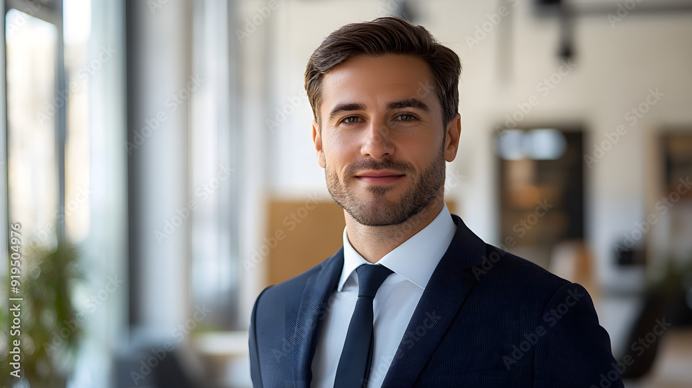 Caucasian man in his 30s wearing a business suit posing in the bright office with windows Caucasian man in his 30s wearing a business suit posing in the bright office with windows
