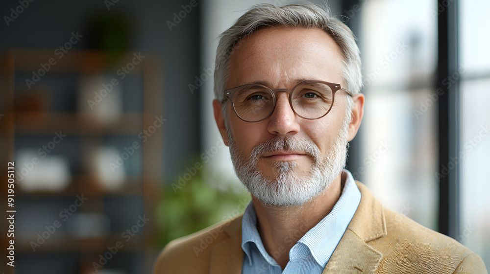 Elderly businessman wearing glassed and business attire in his office Elderly businessman wearing glassed and business attire in his office