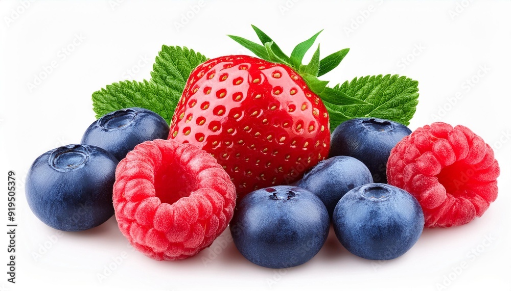 Sweet berries mix isolated on white background. Heap of Ripe raspberry, strawberry and blueberries, mint leaf. Macro, top view Sweet berries mix isolated on white background. Heap of Ripe raspberry, strawberry and blueberries, mint leaf. Macro, top view