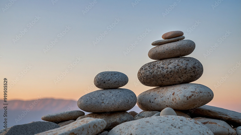 Balanced stones stack on rocky surface with clear blue sky and distant mountains in background Balanced stones stack on rocky surface with clear blue sky and distant mountains in background