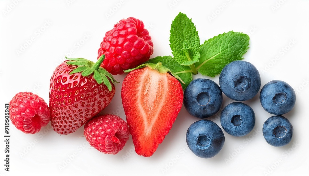 Various fresh summer berries isolated on white background, top view. Strawberry, Raspberry, Blueberry and Mint leaf, flat lay Various fresh summer berries isolated on white background, top view. Strawberry, Raspberry, Blueberry and Mint leaf, flat lay