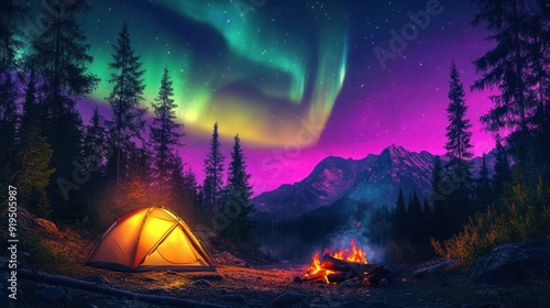 Beautiful colorful northern lights in the sky over the camp fire and tent on a night forest landscape