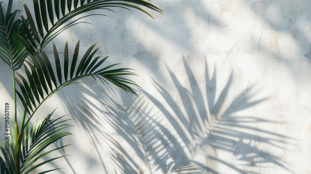 Fototapeta premium Abstract background of palm leaves shadow on white concrete wall with space for text