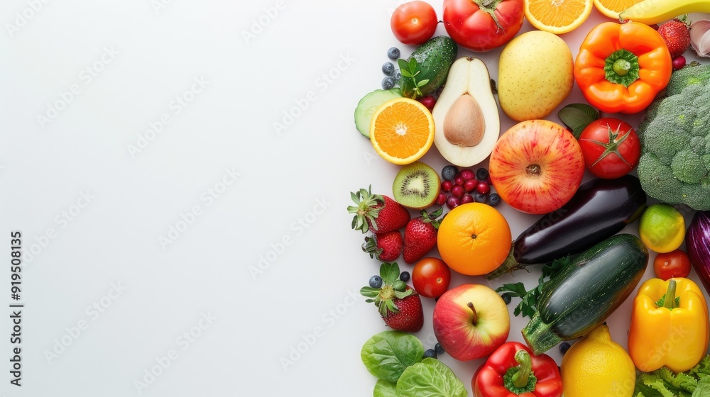 Assorted fruits and vegetables on white background with text space Assorted fruits and vegetables on white background with text space