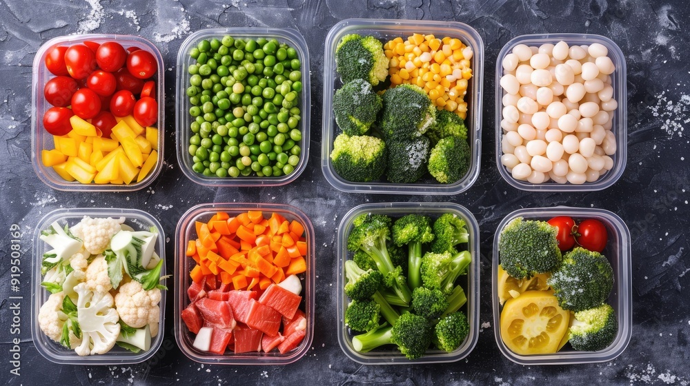 Assorted frozen vegetables in containers with copy space top view Assorted frozen vegetables in containers with copy space top view