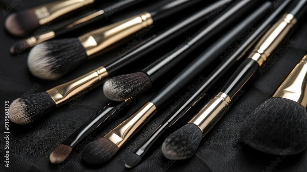 Assorted makeup brushes on black surface Assorted makeup brushes on black surface