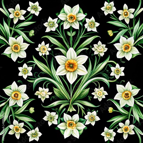 Stylized Daffodil Floral Pattern Suitable for Spring-Themed Designs and Backgrounds