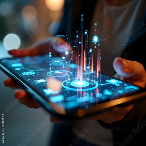 Tech Innovation: A close-up of a futuristic smartphone or tablet displaying holographic interfaces, with a hand interacting with the screen.