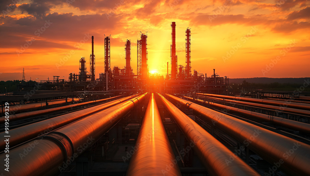 Sunset Over Oil Refinery with Pipelines.