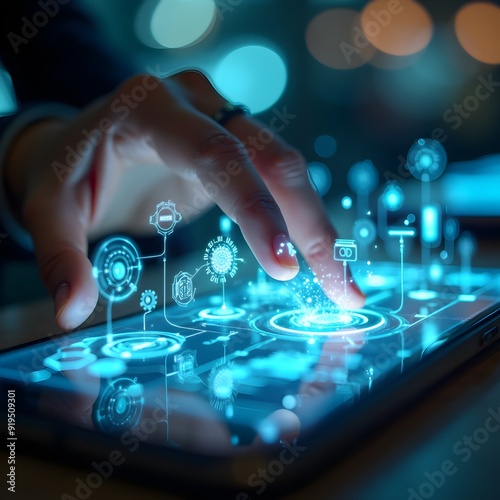 Tech Innovation: A close-up of a futuristic smartphone or tablet displaying holographic interfaces, with a hand interacting with the screen.