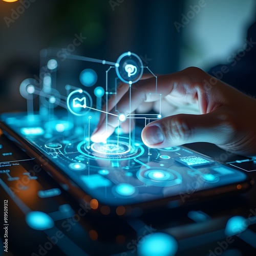 Tech Innovation: A close-up of a futuristic smartphone or tablet displaying holographic interfaces, with a hand interacting with the screen.