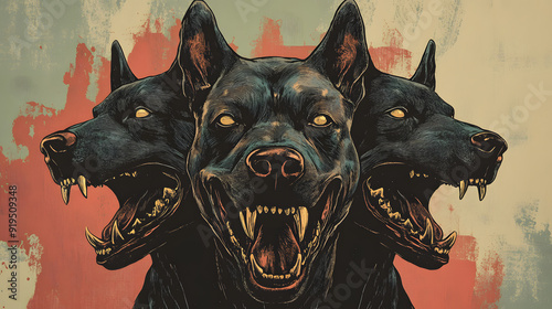 Greek mythology illustration , Cerberus the three-headed dog the guardian of the gates of the Underworld photo