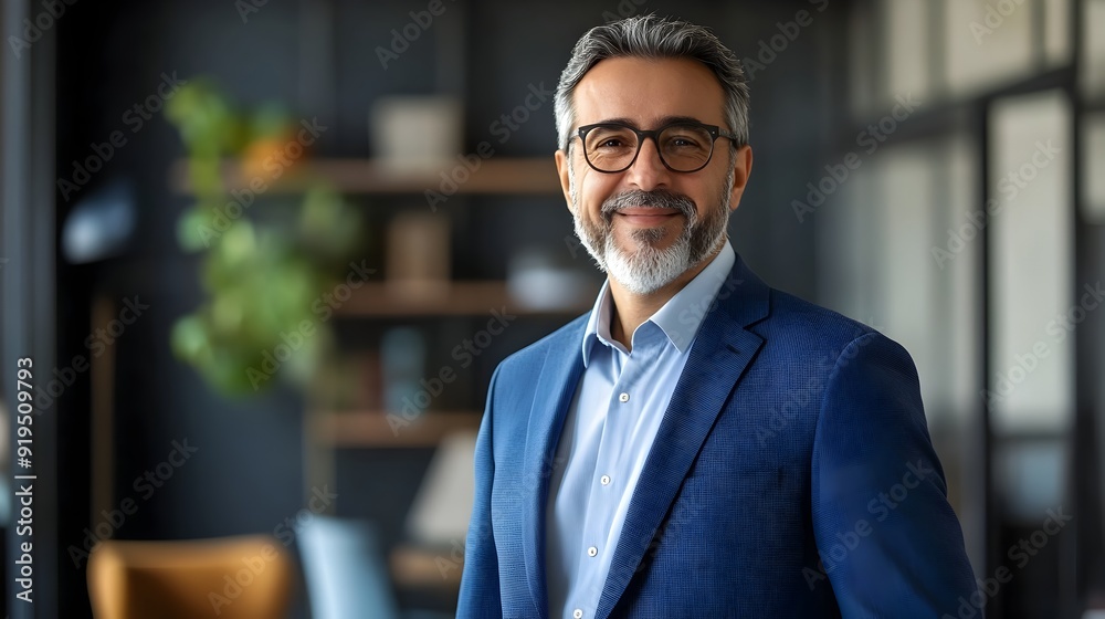 Fototapeta premium Confident Businessman Wearing Suit and Eyeglasses Smiling at in Office Environment