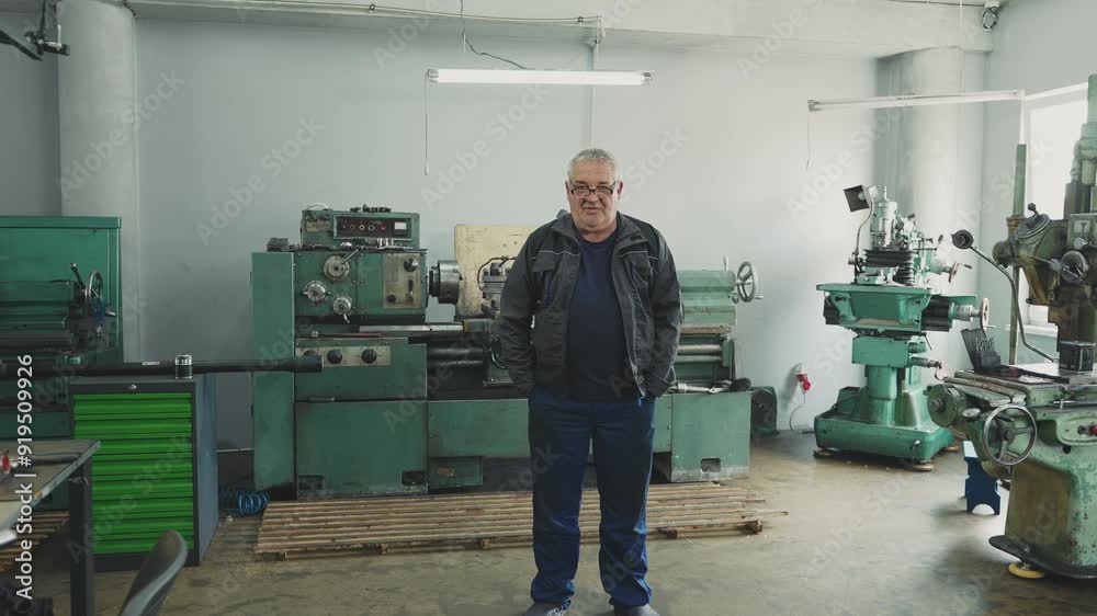 Portrait of an elderly professional turner in a work suit next to lathes in production, professional in his field Portrait of an elderly professional turner in a work suit next to lathes in production, professional in his field