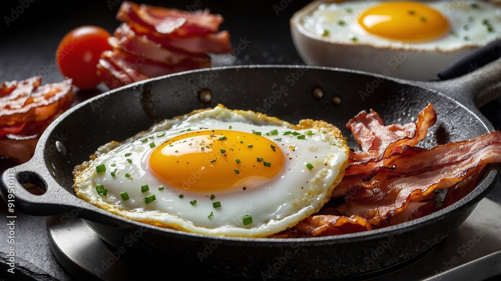 Delicious sunny side-up eggs with crispy bacon in a rustic pan, garnished with chives and steam rising. Delicious sunny side-up eggs with crispy bacon in a rustic pan, garnished with chives and steam rising.