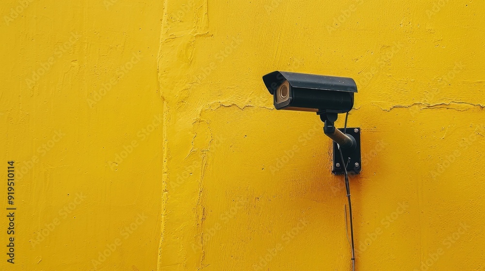 Black security camera mounted on a yellow wall Black security camera mounted on a yellow wall