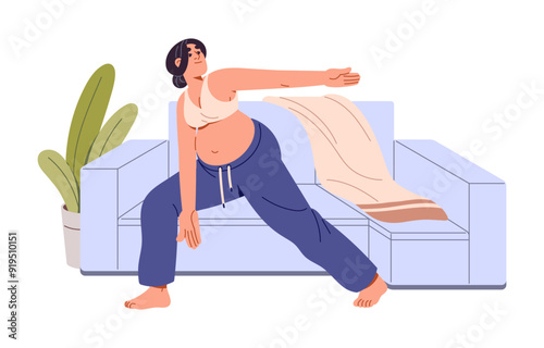 Pregnant girl does sport exercises, stretches. Expectant mother practices pregnancy yoga indoors. Happy woman with belly training, does workout. Flat isolated vector illustration on white background
