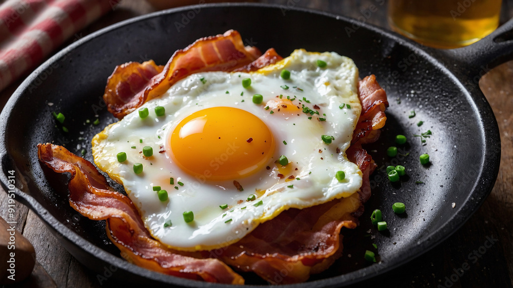 Delicious sunny side-up eggs with crispy bacon in a rustic pan, garnished with chives and steam rising. Delicious sunny side-up eggs with crispy bacon in a rustic pan, garnished with chives and steam rising.